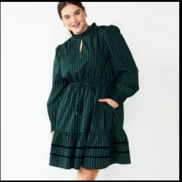 NWOT Draper James RSVP Long Sleeve Tiered Green & Black Plaid Dress Size - XXL - Picture 1 of 16
